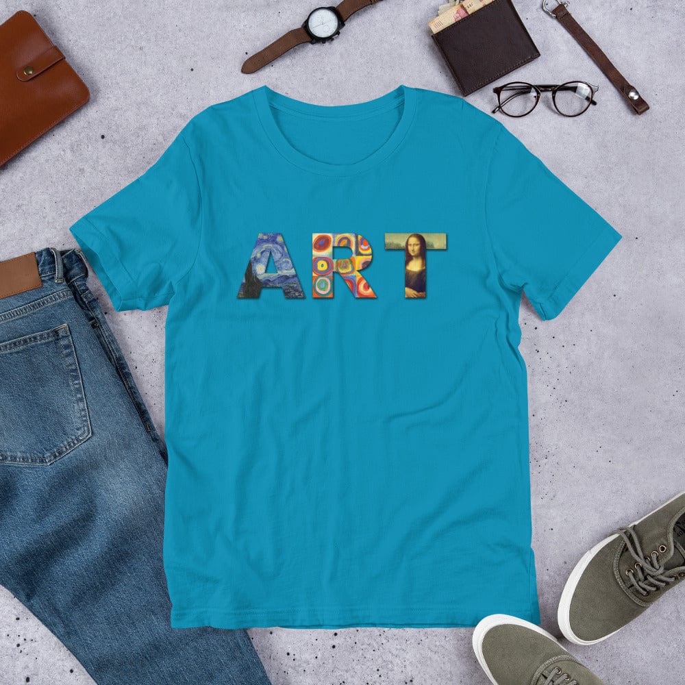 Teal art graphic T-shirt with colorful “ART” lettering and small portrait on front.