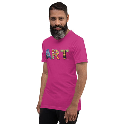 Pink/magenta art graphic T-shirt with colorful “ART” lettering and small portrait on front.