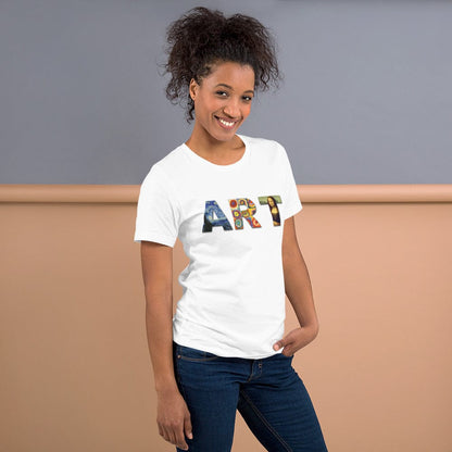 White art graphic T-shirt with colorful “ART” lettering and small portrait on front.