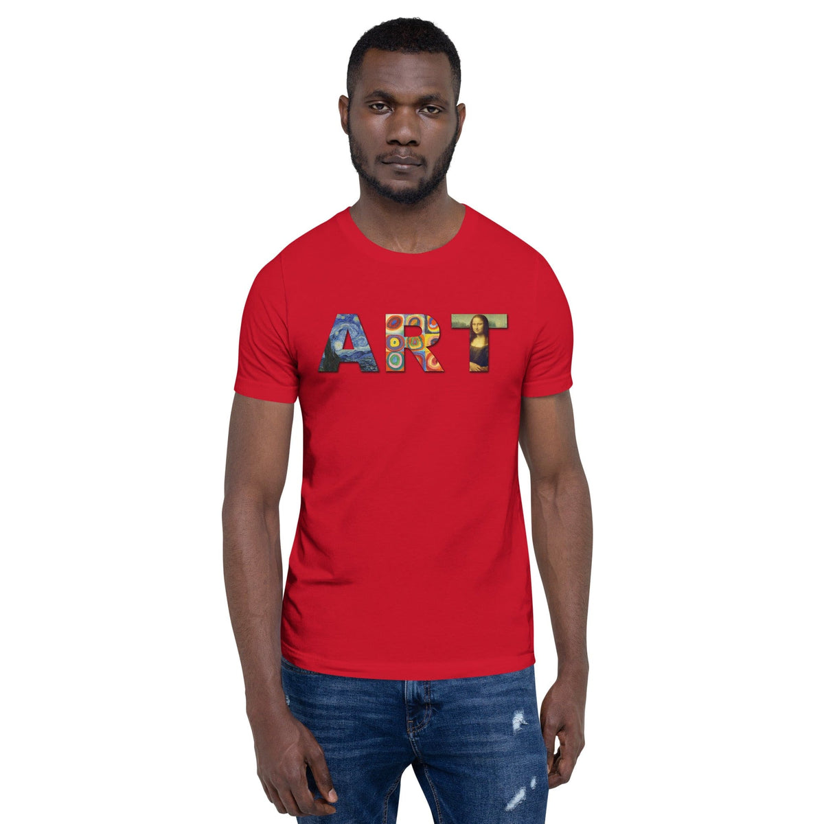 Red Art Lover Artist T-shirt with colorful “ART” graphic on the front
