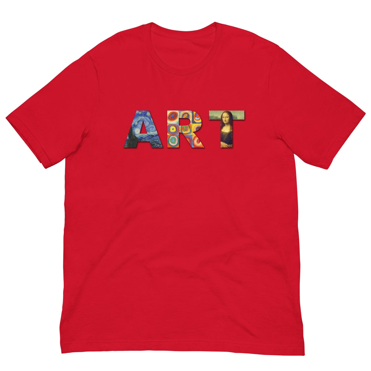 Red Art Lover Artist T-shirt with colorful “ART” graphic on the front