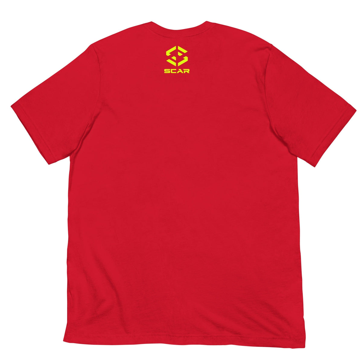 Red Art Lover Artist T-shirt with yellow SCAR logo on the back