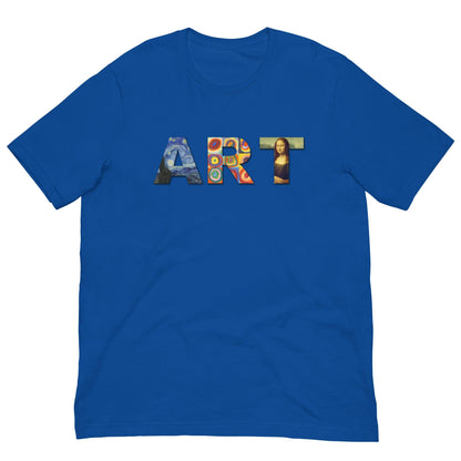 Blue Art Lover Artist T-shirt with colorful “ART” graphic on the front