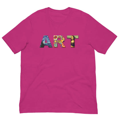Pink Art Lover Artist T-shirt with colorful “ART” graphic on the front