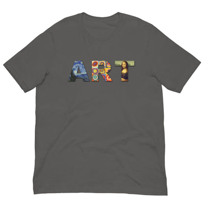 Art lover T-shirt in dark gray, colorful ART word graphic on chest