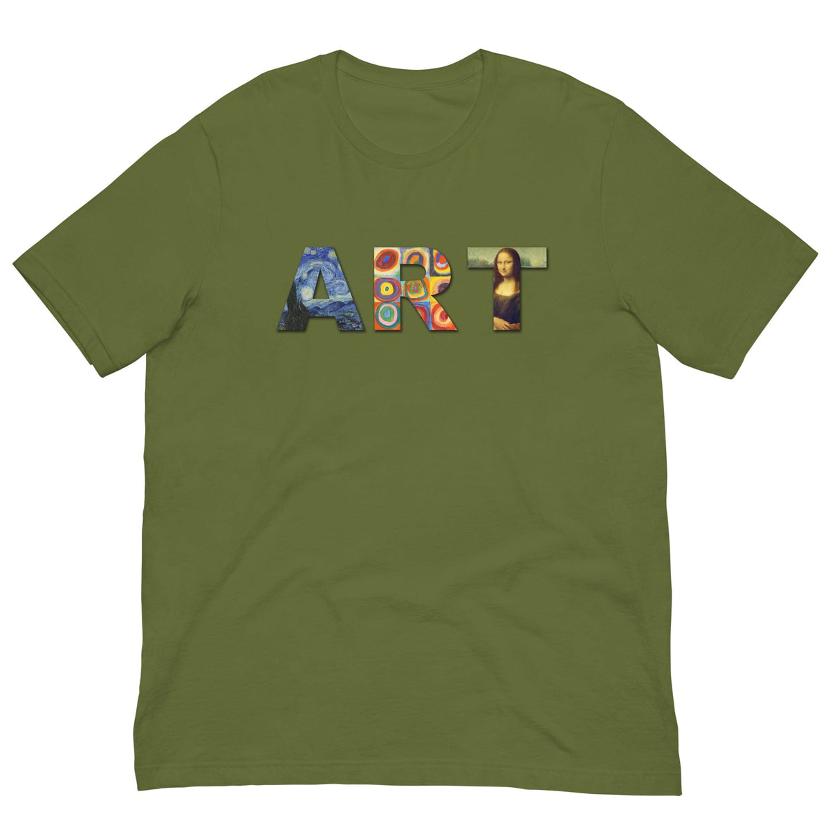 Art lover T-shirt in olive green, colorful ART word graphic on chest