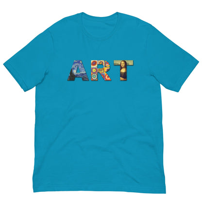 Art lover T-shirt in bright aqua blue, colorful ART word graphic on chest