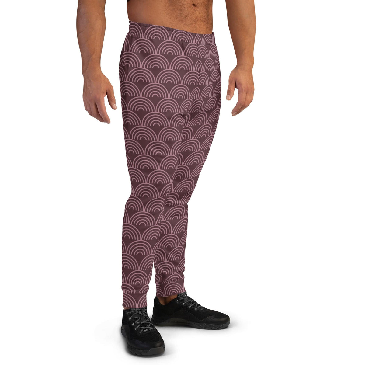 Men's joggers with maroon and dark repeating semicircle wave pattern on the front.