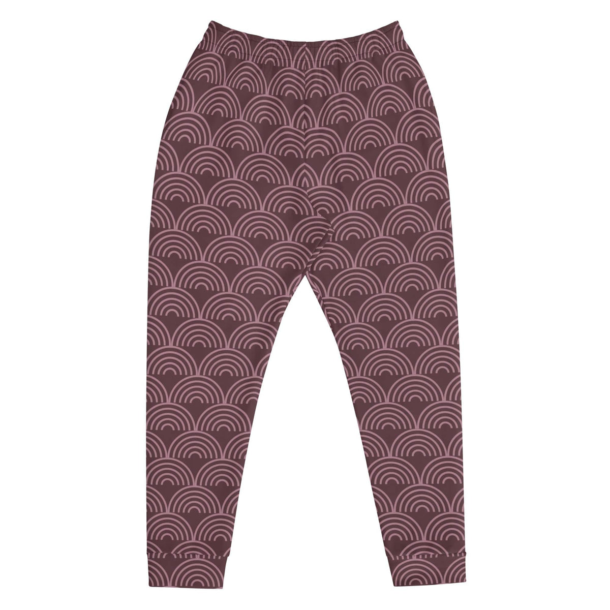 Men's joggers laid flat showing maroon and dark repeating semicircle wave print.