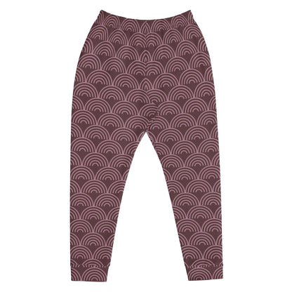 Men's joggers laid flat showing maroon and dark repeating semicircle wave print.