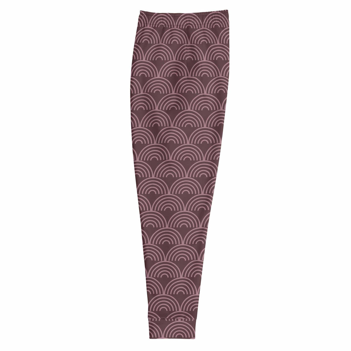 Men's joggers laid flat showing maroon and dark repeating semicircle wave print.