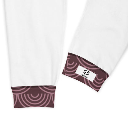 Men's joggers cuff with maroon semicircle wave print and small white logo tag.