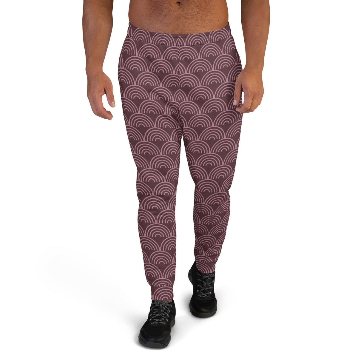 Men's joggers with maroon and dark pattern of repeating semicircle waves.