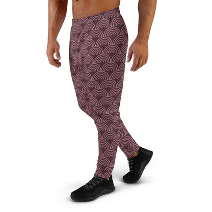 Men's joggers with maroon and dark repeating semicircle waves, ankle-length tapered fit.