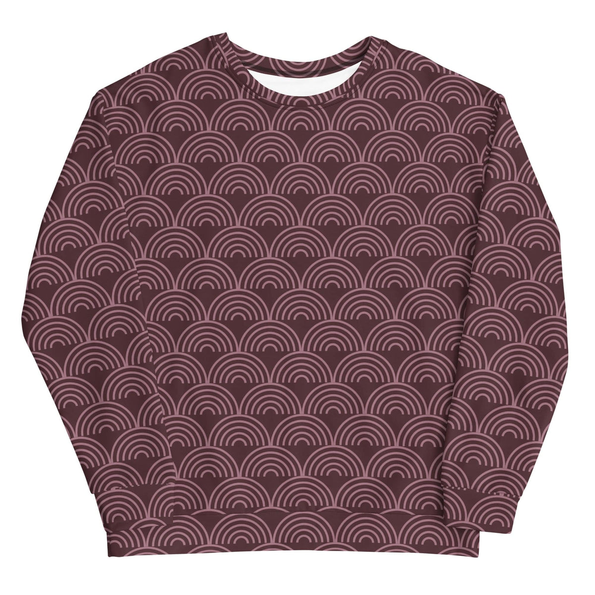 Maroon sweatshirt with repeating arch pattern, crew neck and long sleeves