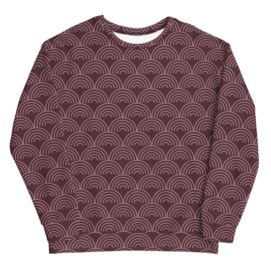 Maroon sweatshirt with repeating arch pattern, crew neck and long sleeves