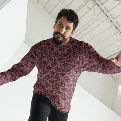 Maroon patterned sweatshirt with wave-arch motif, crew neck, long sleeves