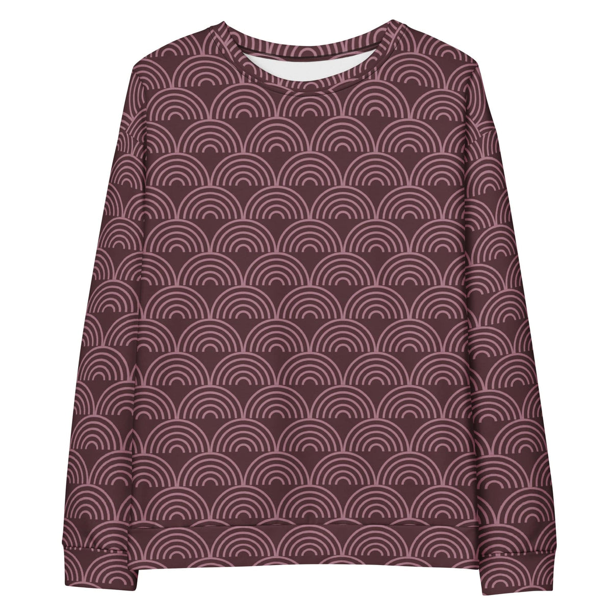 Maroon sweatshirt featuring repeating wave-arch pattern, crew neck, long sleeves