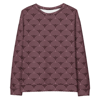 Maroon sweatshirt featuring repeating wave-arch pattern, crew neck, long sleeves
