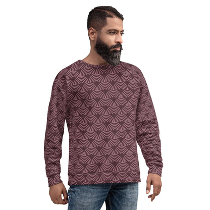 Maroon patterned sweatshirt with repeating wave arches, crew neck and long sleeves