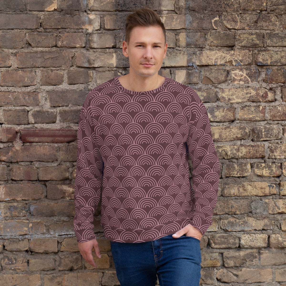 Maroon sweatshirt with repeating wave-arch pattern, crew neck, long sleeves