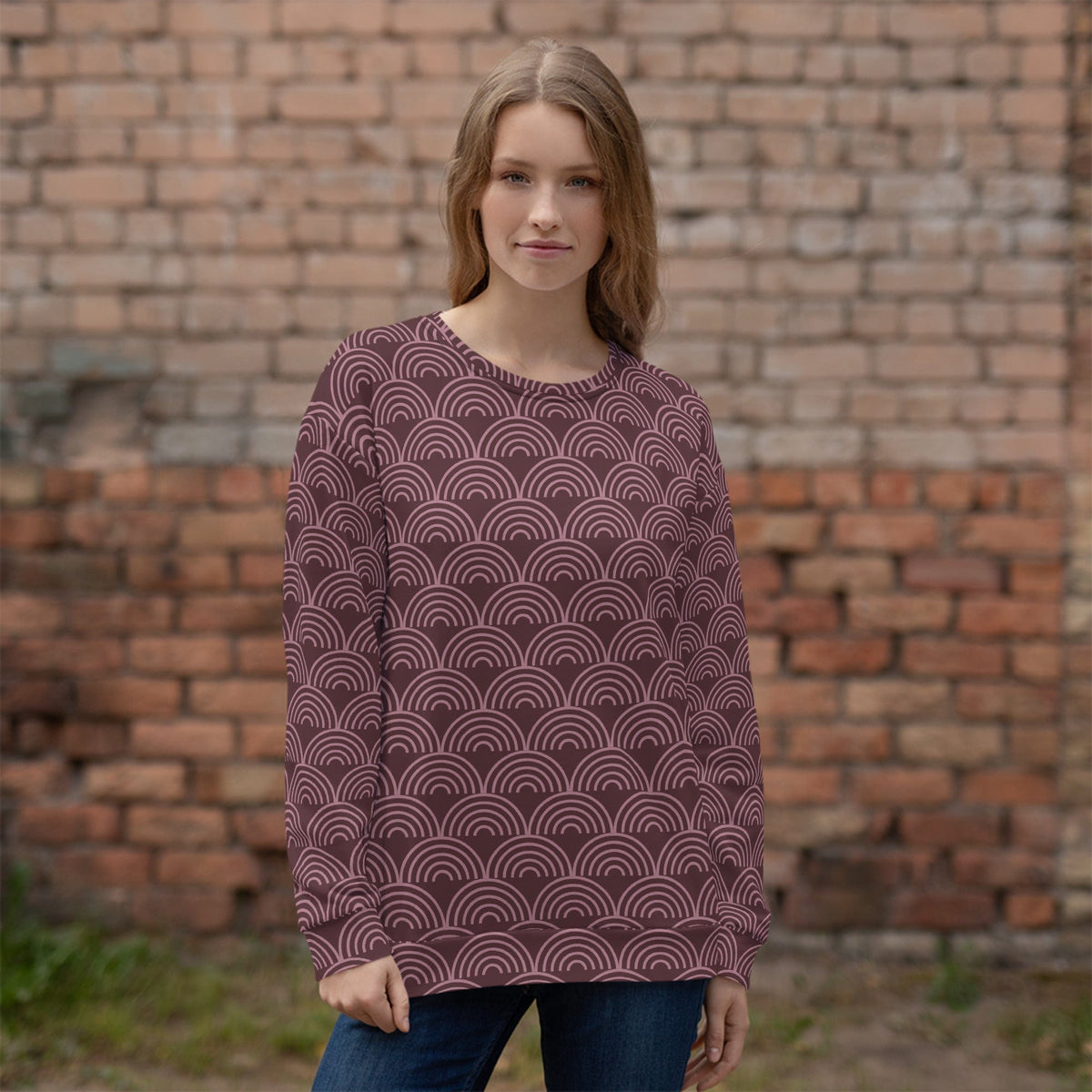 Maroon patterned sweatshirt with repeating wave arches, crew neck and long sleeves