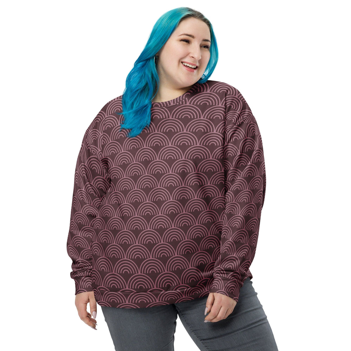 Maroon sweatshirt with repeating wave-arch pattern, crew neck and long sleeves