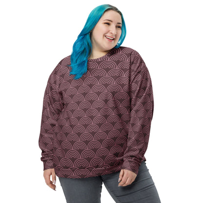 Maroon sweatshirt with repeating wave-arch pattern, crew neck and long sleeves