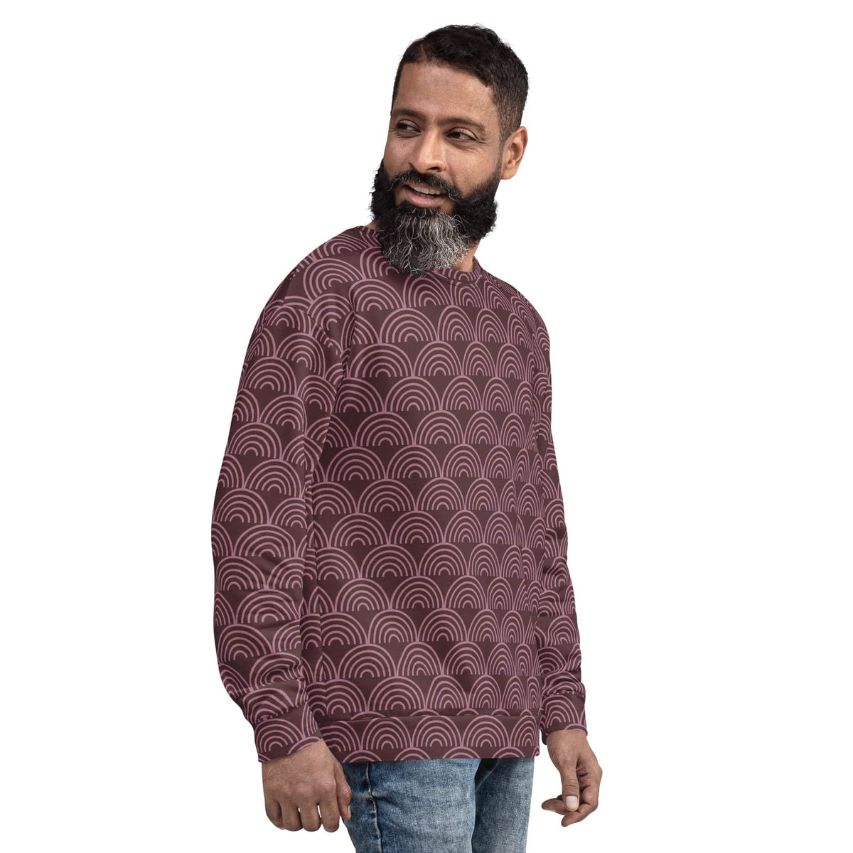 Maroon patterned sweatshirt with wave-arch motif, crew neck, long sleeves