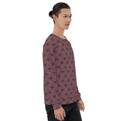 Maroon patterned sweatshirt with repeating wave arches, crew neck and long sleeves