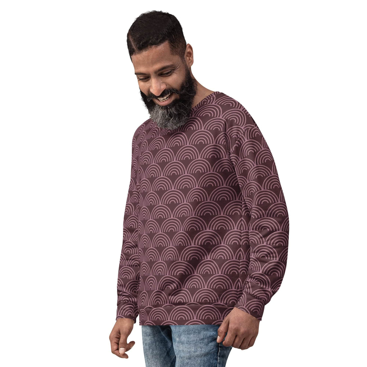 Maroon sweatshirt with repeating wave-arch pattern, crew neck, long sleeves