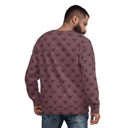 Crewneck sweatshirt, back view, burgundy with repeating arch-wave pattern