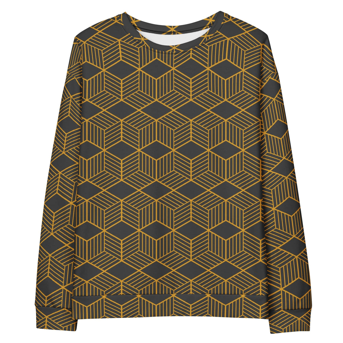Unisex crewneck sweatshirt in dark fabric with gold geometric cube pattern, long sleeves