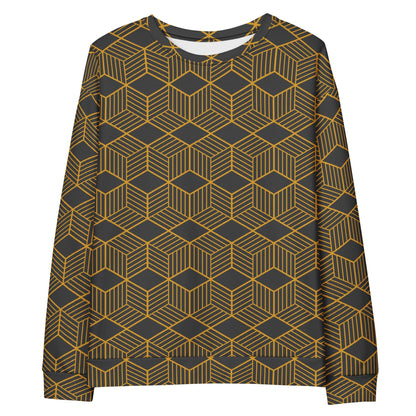 Unisex crewneck sweatshirt in dark fabric with gold geometric cube pattern, long sleeves