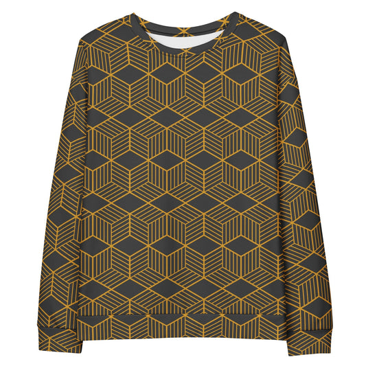 Unisex crewneck sweatshirt in dark fabric with gold geometric cube pattern, long sleeves
