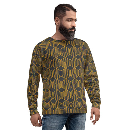 Unisex crewneck sweatshirt on model, dark fabric with gold cube geometric pattern, long sleeves