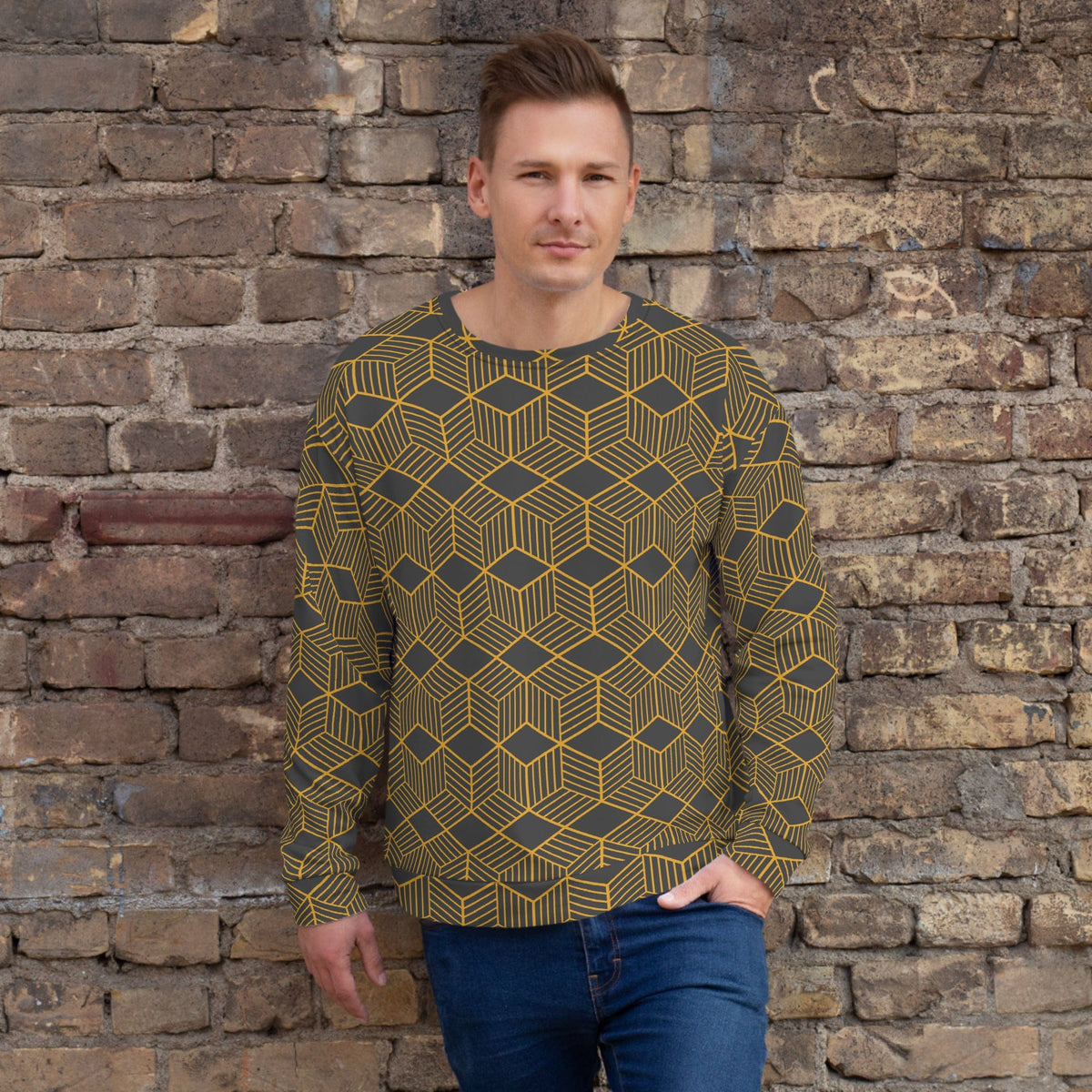 Unisex crewneck sweatshirt front view on model, dark base with gold cube geometric pattern