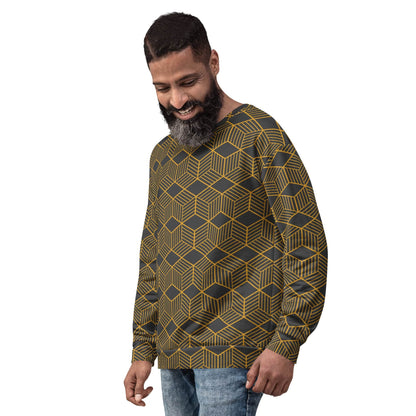 Unisex crewneck sweatshirt side view, dark fabric with gold cube geometric pattern, long sleeves