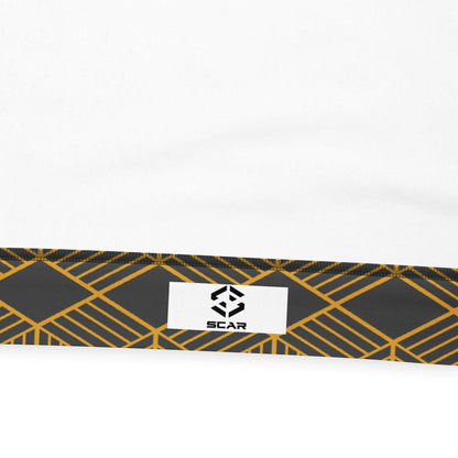 Unisex sweatshirt hem label with SCAR logo on dark fabric, gold geometric cube pattern