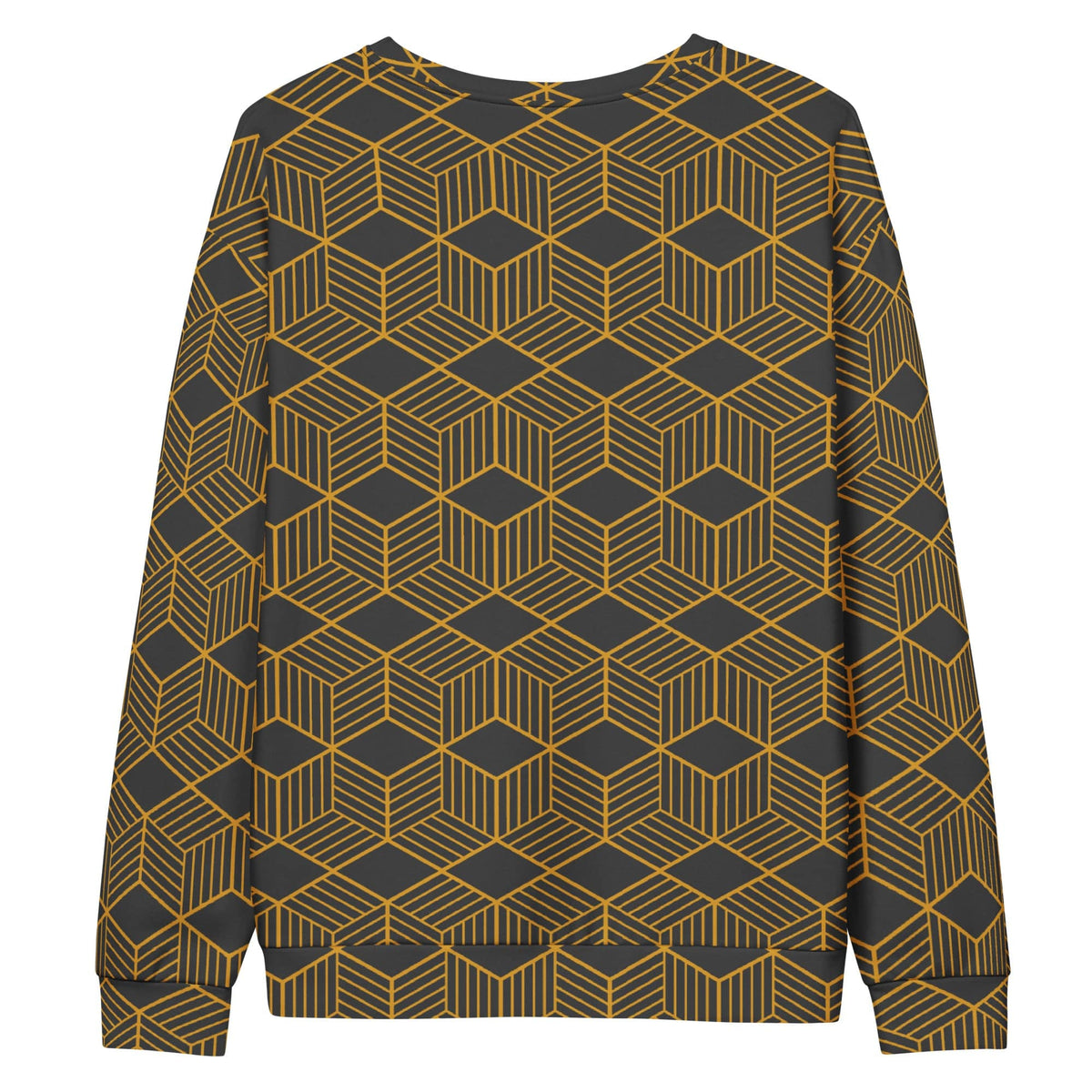 Unisex crewneck sweatshirt, dark fabric with gold geometric cube pattern, long sleeves