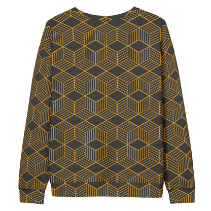 Unisex crewneck sweatshirt, dark fabric with gold geometric cube pattern, long sleeves
