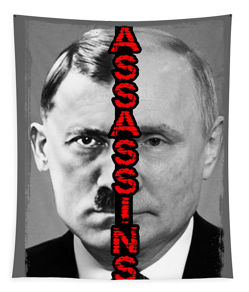Square tapestry with black-and-white man portrait and vertical red lettering