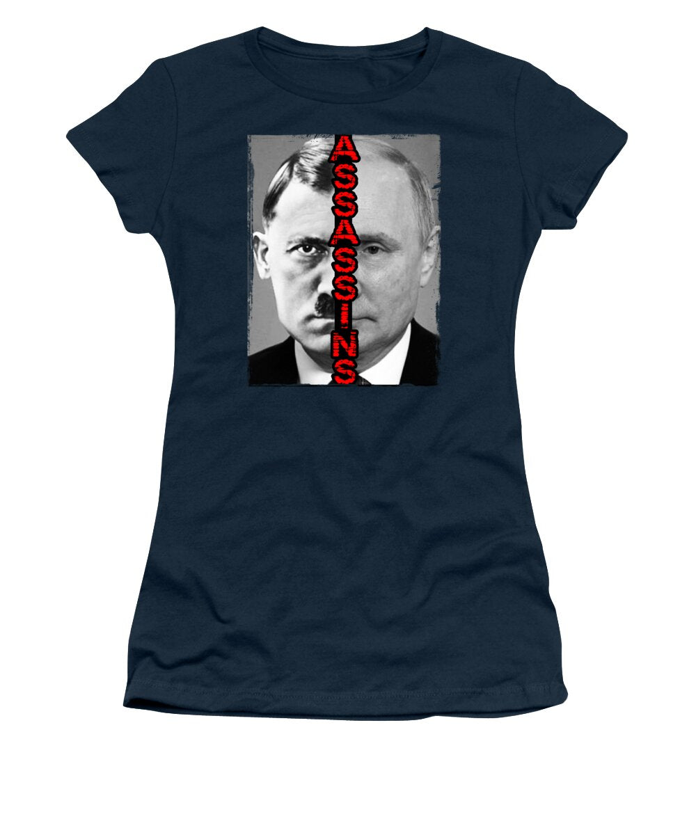 Women's navy crewneck T-shirt with red/black portrait graphic print