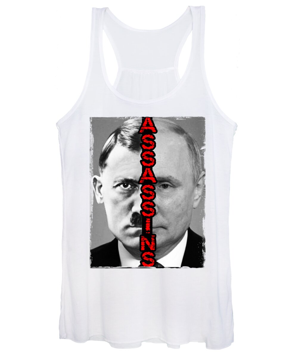 Women's white graphic tank top with sleeveless scoop neck and front photo print