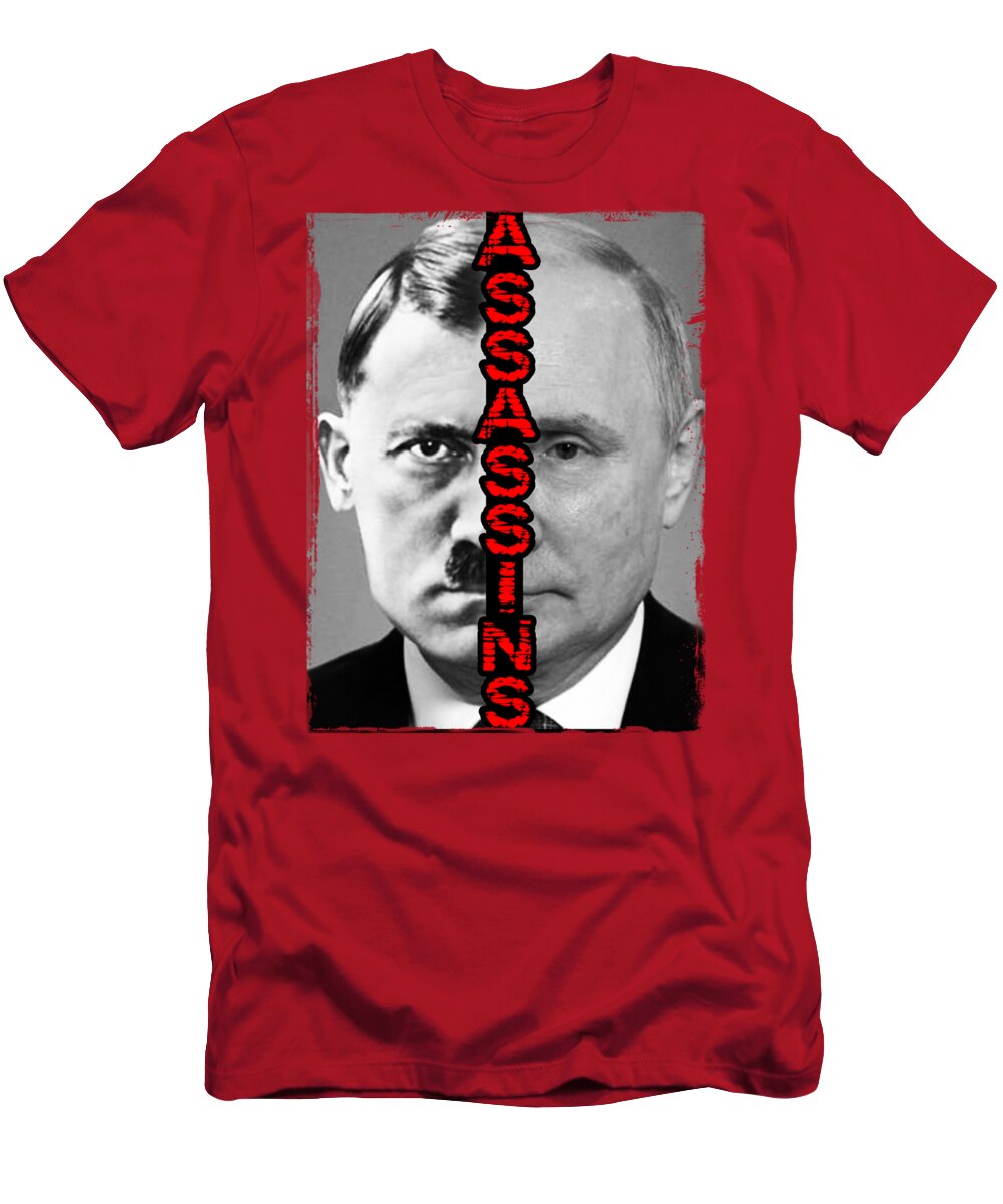 Red T-shirt with front portrait and vertical red-and-black text graphic