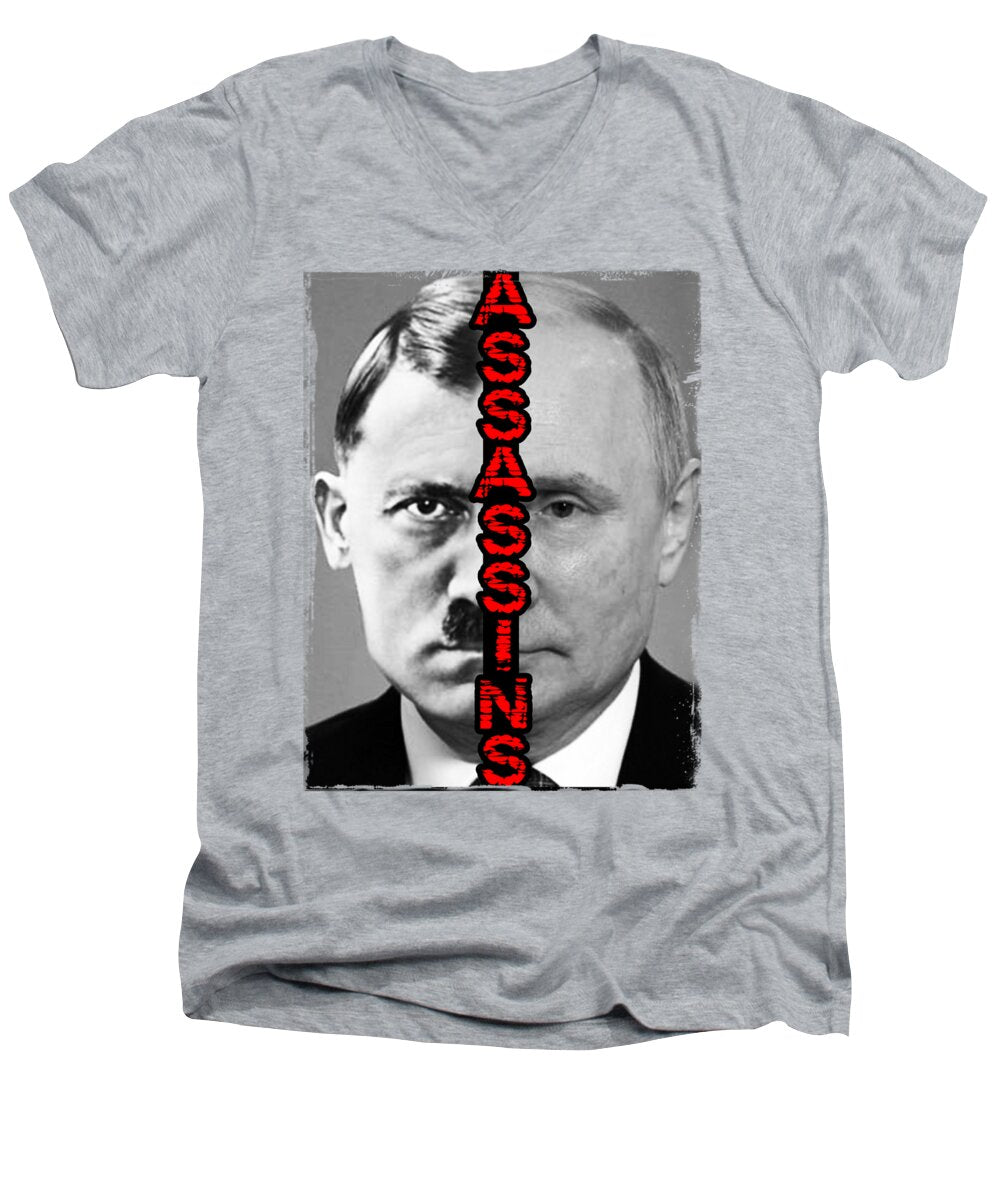 Men's V-neck T-shirt, heather gray, portrait graphic with red vertical text