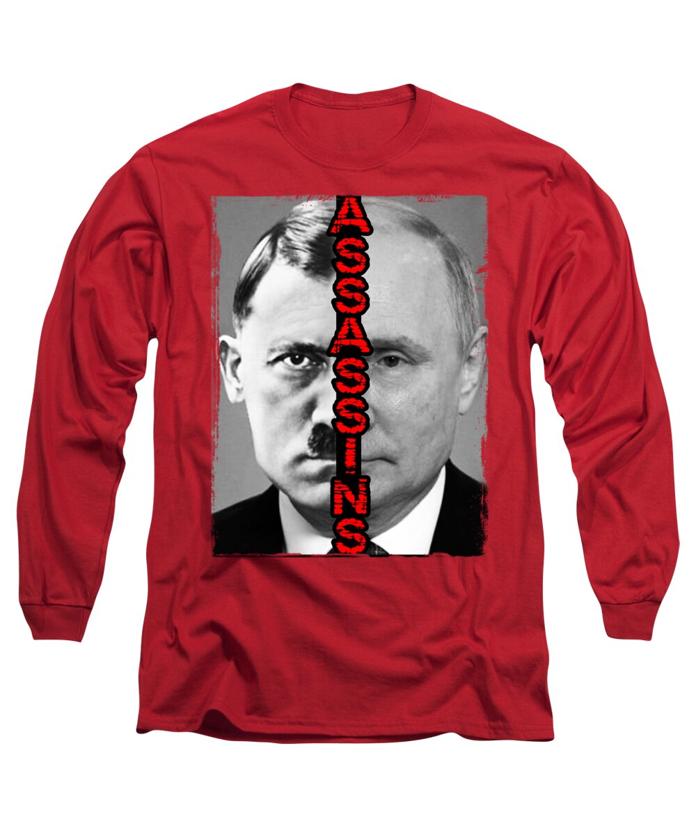 Red long-sleeve T-shirt with large square portrait graphic and red vertical text.