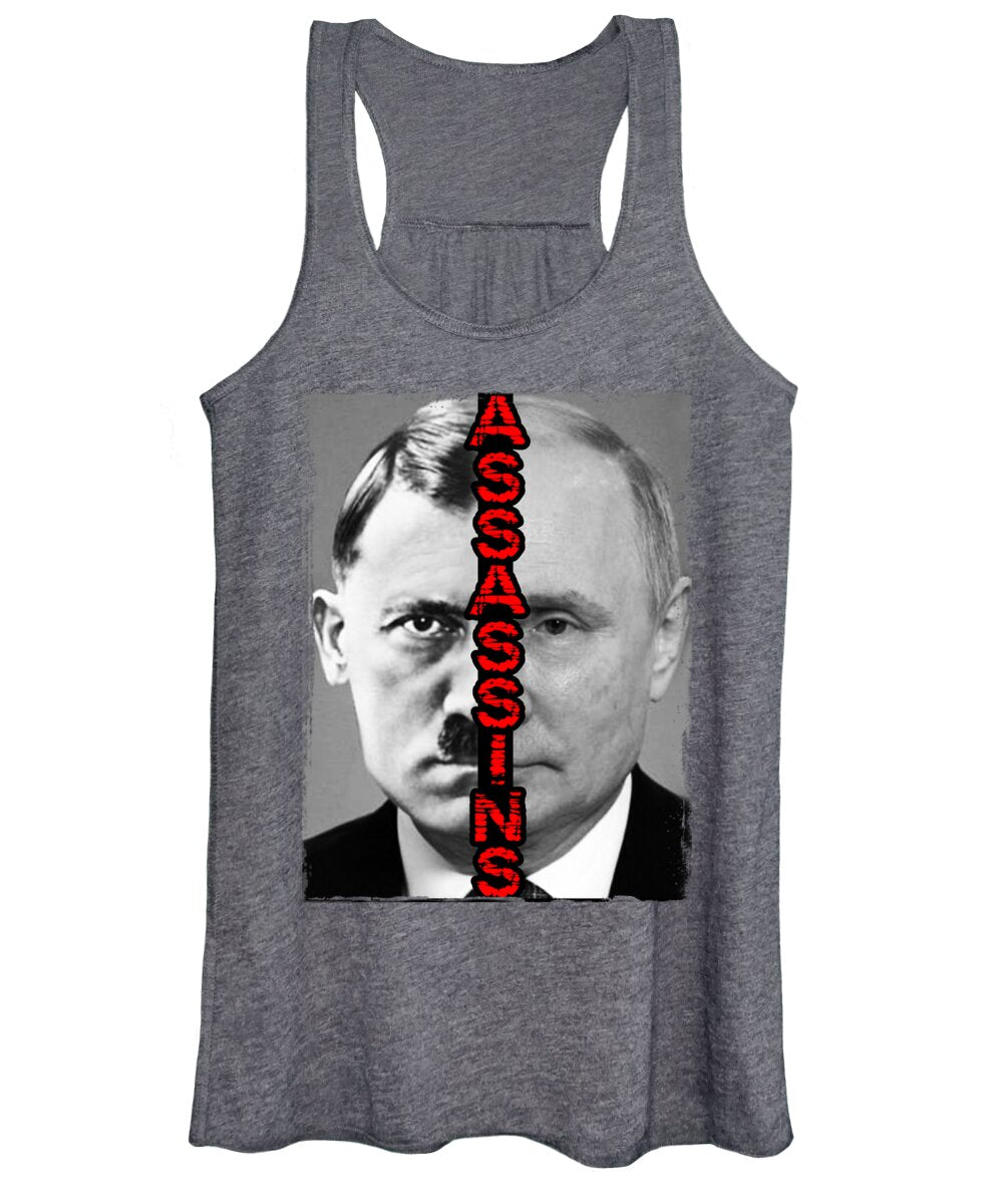 Women's charcoal graphic tank top with sleeveless scoop neck and front photo print