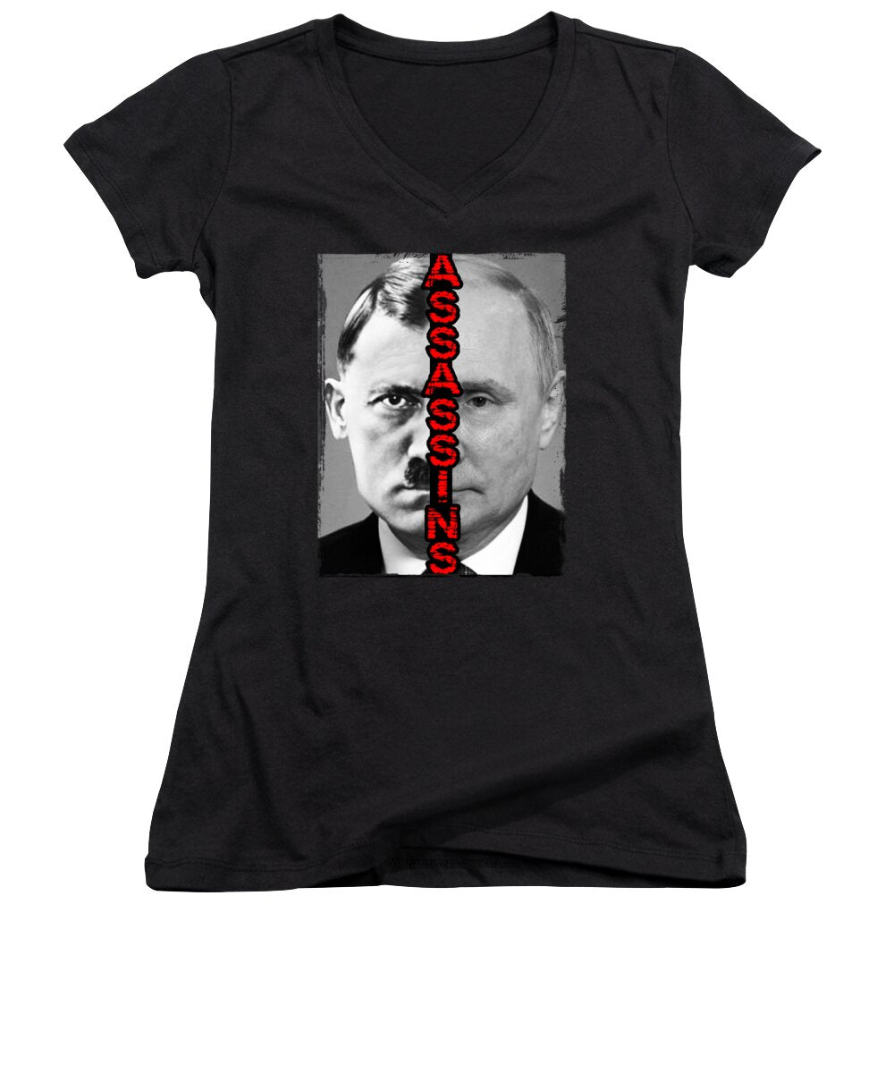 Black women's V-neck T-shirt with square portrait graphic and vertical red Assassin text