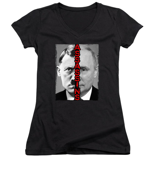 Black women's V-neck T-shirt with square portrait graphic and vertical red Assassin text